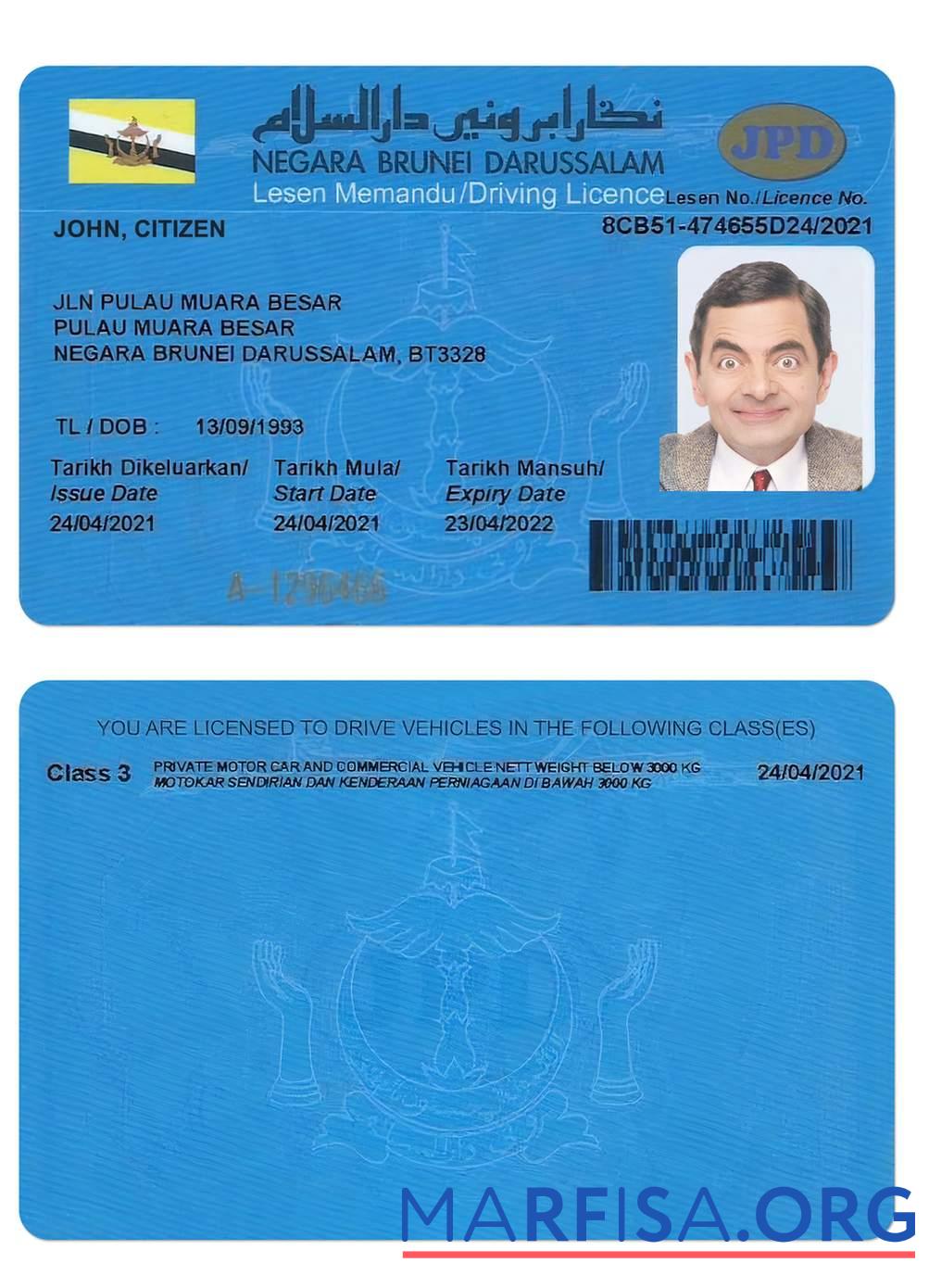 Realistic Brunei driving license sample
